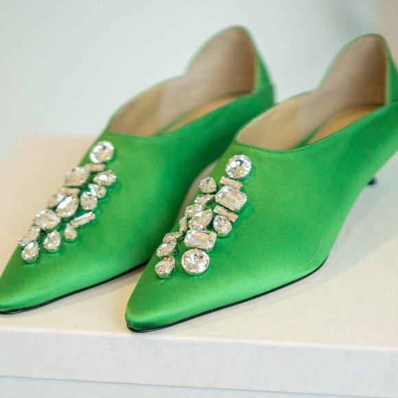 Ether Kelly Green Satin Heels, 30mm with Crystal Embellishments - Picture 8 of 9